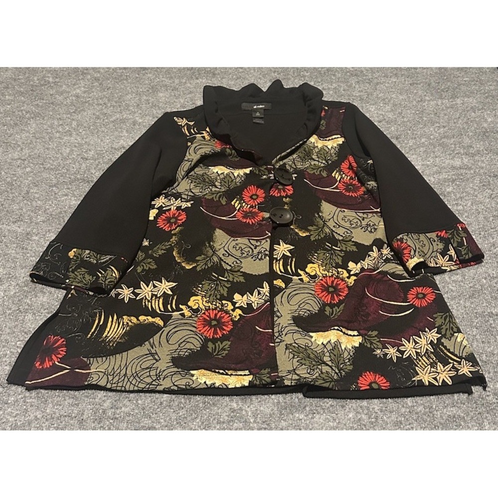 Ali Miles Women's M Black Two Button Floral Print Cardigan Cover Polyester EUC